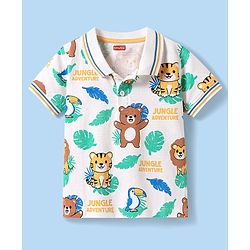 Babyhug Cotton Knit Half Sleeves Collar T-Shirt with Animal Print -  White