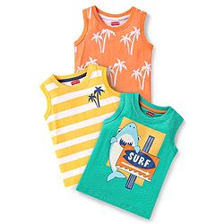 Babyhug Cotton Knit Sleeveless Tank T-Shirts With Stripes & Beach Theme Print Pack Of 3 - Yellow & Orange