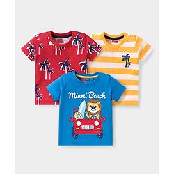 Babyhug Cotton Knit Half Sleeves T-Shirts With Stripes & Animal Print Pack Of 3 - Red & Blue