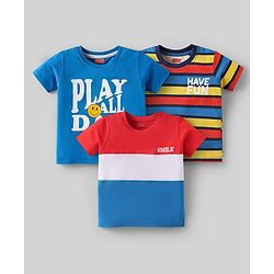 Babyhug Cotton Knit Half Sleeves Striped T-Shirts with Text Print Pack of 3 - Blue & Red