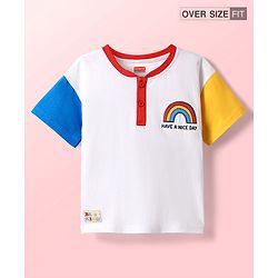 Babyhug Cotton Knit Half Sleeves Oversized Drop Shoulder Color Block Henley Neck T-Shirt With Rainbow Print - Blue & White