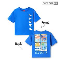 Babyhug Cotton Knit Half Sleeves Oversized Henley Neck T-Shirt with Beach & Aloha Text & Print - Blue
