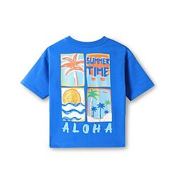 Babyhug Cotton Knit Half Sleeves Oversized Henley Neck T-Shirt with Beach & Aloha Text & Print - Blue