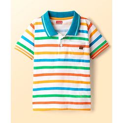 Babyhug Cotton Knit Half Sleeves Striped Polo T-Shirt - White & Blue