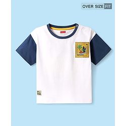 Babyhug Cotton Knit Half Sleeves Oversized T-Shirt With Beach Theme Badge - White & Navy Blue