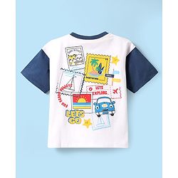 Babyhug Cotton Knit Half Sleeves Oversized T-Shirt With Beach Theme Badge - White & Navy Blue