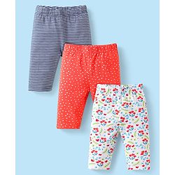 Babyhug Cotton Lycra Knit Three Fourth Length Leggings With Floral & Polka Dot Print Pack of 3 - White Red & Navy Blue