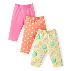 Babyhug Cotton Lycra Knit Three Fourth Length Leggings With Polka Dots & Star Fish Print Pack of 3 - Pink Yellow & Orange