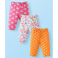 Babyhug Cotton Lycra Knit Three Fourth Length Leggings With Floral Heart & Rainbow Print Pack of 3 - Orange White & Pink