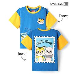 Babyhug Cotton Knit Half Sleeves Oversized Drop Shoulder T-Shirt With Front & Back Animal Print - Blue & Yellow