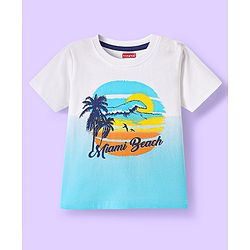 Babyhug Cotton Knit Half Sleeves T-Shirt With Ombre Effect & Beach Graphics - White & Light Blue
