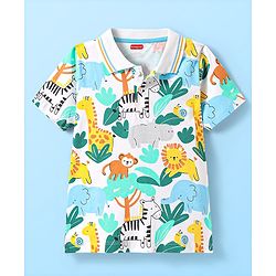 Babyhug Cotton Knit Half Sleeves Polo T-Shirt with Jungle Theme Print - White