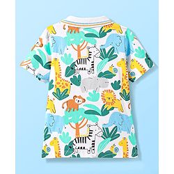 Babyhug Cotton Knit Half Sleeves Polo T-Shirt with Jungle Theme Print - White