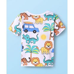 Babyhug Cotton Knit Half Sleeves Henley Neck T-Shirt with Animal Print - White