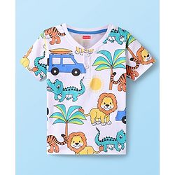 Babyhug Cotton Knit Half Sleeves Henley Neck T-Shirt with Animal Print - White