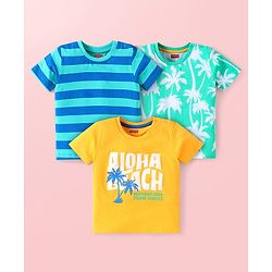 Babyhug Cotton Knit Half Sleeves T-Shirts with Beach Theme Print & Stripes Pack of 3 - Yellow & Blue