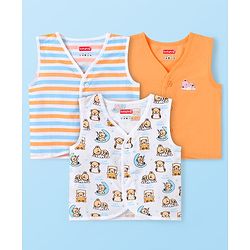 Babyhug 100% Cotton Woven Sleeveless Jhablas with Stripes & Teddy Bear Print Pack of 3 - White Orange & Sky Blue