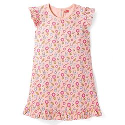 Babyhug Cotton Knit Frill Sleeves Nighty with Bunny & Floral Print - Peach