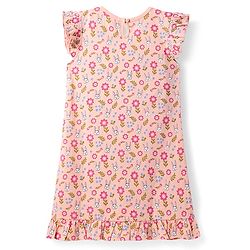 Babyhug Cotton Knit Frill Sleeves Nighty with Bunny & Floral Print - Peach