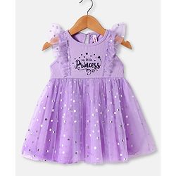Babyhug Knit Frill Sleeves Party Dress With Foil & Text Print - Lilac