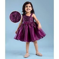 Babyhug Woven Sleeveless One Shoulder Party Dress With Sequin & Floral Embroidery & Applique - Wine