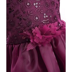 Babyhug Woven Sleeveless One Shoulder Party Dress With Sequin & Floral Embroidery & Applique - Wine