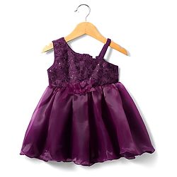 Babyhug Woven Sleeveless One Shoulder Party Dress With Sequin & Floral Embroidery & Applique - Wine