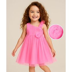 Babyhug Woven Sleeveless Fit & Flare Mesh Party Dress with Floral Corsage - Pink