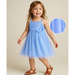 Babyhug Woven Sleeveless Fit & Flare Mesh Party Dress with Floral Corsage - Light Blue