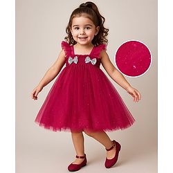 Babyhug Woven Frill Sleeves A line Mesh Party Dress with Bow Applique & Sequin Detailing - Red