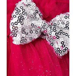 Babyhug Woven Frill Sleeves A line Mesh Party Dress with Bow Applique & Sequin Detailing - Red