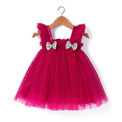 Babyhug Woven Frill Sleeves A line Mesh Party Dress with Bow Applique & Sequin Detailing - Red