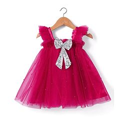 Babyhug Woven Frill Sleeves A line Mesh Party Dress with Bow Applique & Sequin Detailing - Red