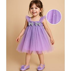 Babyhug Sleeveless Pearls & Bow Detailing A-Line Mesh Party Dress - Lilac