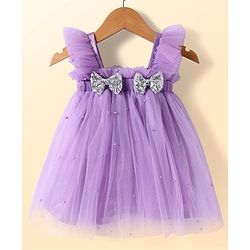 Babyhug Sleeveless Pearls & Bow Detailing A-Line Mesh Party Dress - Lilac