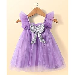 Babyhug Sleeveless Pearls & Bow Detailing A-Line Mesh Party Dress - Lilac