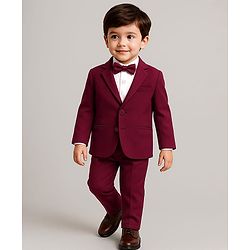 Babyhug Woven Full Sleeves Solid 3 Piece Party Suit With Bow - Maroon