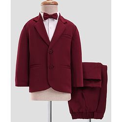 Babyhug Woven Full Sleeves Solid 3 Piece Party Suit With Bow - Maroon