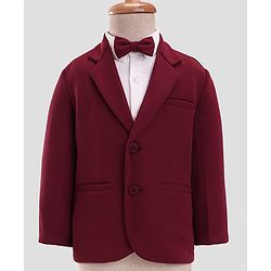 Babyhug Woven Full Sleeves Solid 3 Piece Party Suit With Bow - Maroon