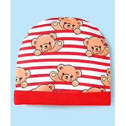 Babyhug 100% Cotton Interlock Knit Cap Mittens & Booties Set With Stripes & Animal Print Red - Diameter 14 cm