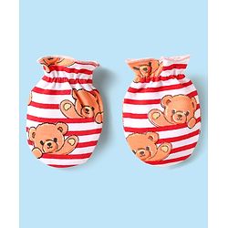 Babyhug 100% Cotton Interlock Knit Cap Mittens & Booties Set With Stripes & Animal Print Red - Diameter 14 cm