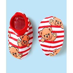 Babyhug 100% Cotton Interlock Knit Cap Mittens & Booties Set With Stripes & Animal Print Red - Diameter 14 cm