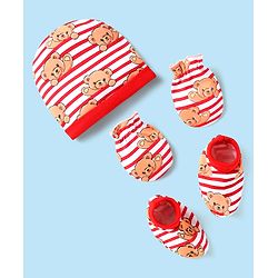 Babyhug 100% Cotton Interlock Knit Cap Mittens & Booties Set With Stripes & Animal Print Red - Diameter 14 cm