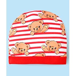 Babyhug 100% Cotton Interlock Knit Cap Mittens & Booties Set With Stripes & Animal Print Red - Diameter 14 cm