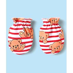 Babyhug 100% Cotton Interlock Knit Cap Mittens & Booties Set With Stripes & Animal Print Red - Diameter 14 cm