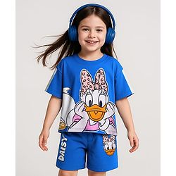 Babyhug Disney Single Jersey Half Sleeves Oversize Drop Shoulder T-Shirt & Shorts Set With Daisy Duck Graphics - Blue