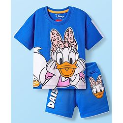Babyhug Disney Single Jersey Half Sleeves Oversize Drop Shoulder T-Shirt & Shorts Set With Daisy Duck Graphics - Blue