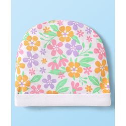 Babyhug 100% Cotton Knit Cap Mittens & Booties With Floral Print  White - Diameter 10cm