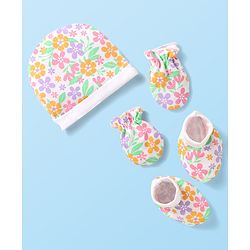 Babyhug 100% Cotton Knit Cap Mittens & Booties With Floral Print  White - Diameter 10cm