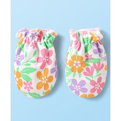 Babyhug 100% Cotton Knit Cap Mittens & Booties With Floral Print  White - Diameter 10cm